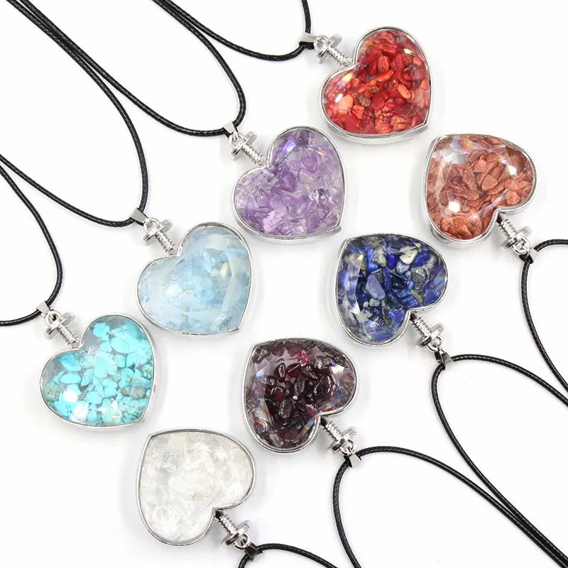 

Natural Stone Raw Stone Polished Pendant Electroplated Silver Plated Seven Chakra Healing Crystal Heart Shape Pendant Necklace