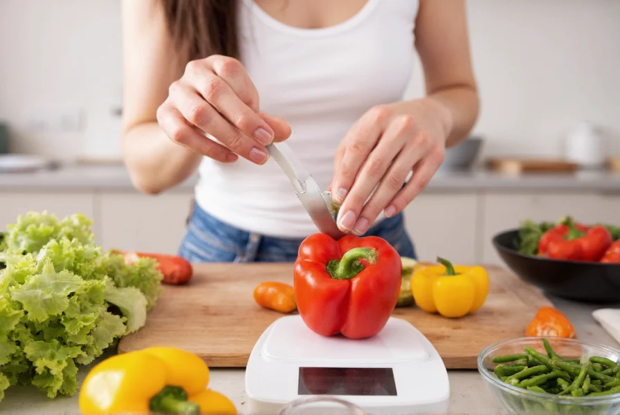 Nutritionist measuring pepper portions with food scale while recording calories in digital tracker