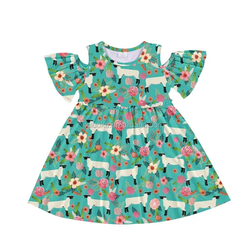 

Factory Price Farm Print Milk Silk Girl Clothing Off Shoulder Kids Dress, Picture