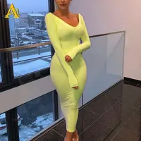 

2019 Neon Green Women Sexy V Neck Long Sleeve Knitted Dresses Casual for Women