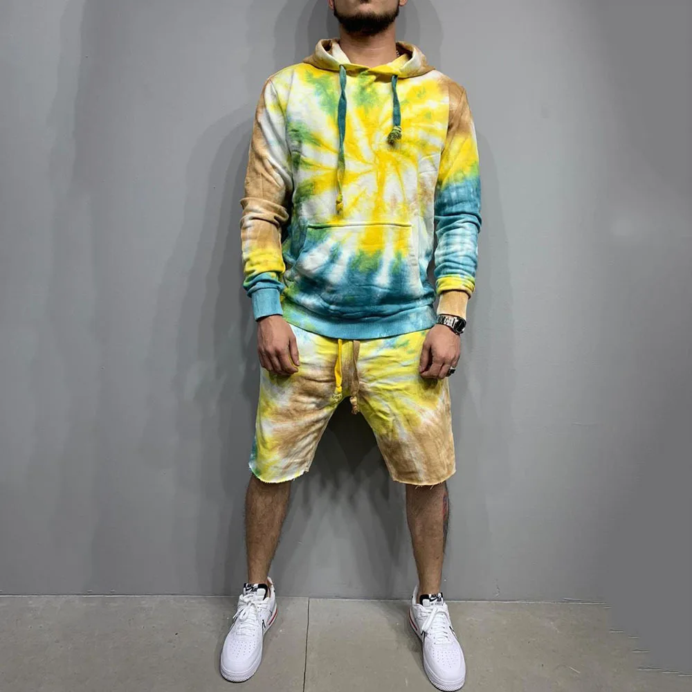 

2021 hot sale trendy tie dye hoodie and shorts set 2 piece mens clothing long sleeve high streetwear, As picture or customized