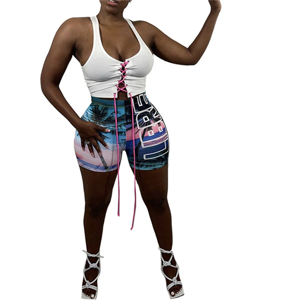 

Women Clothing Summer Casual Print Elastic Waist High Waist Beach Holiday Bodycon Shorts