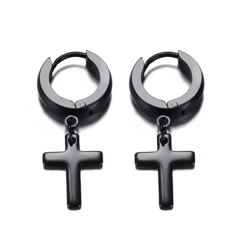 

ERJSF00197 High Polished Kpop Mens Punk Stainless Steel Round Hoop Huggie Cross Drop Dangle Earrings