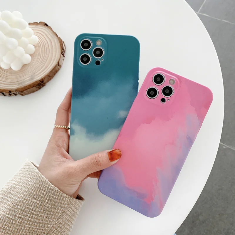 

Luxury High Quality Gradient Watercolor decal Tempered Glass Silicone Phone Cover Case for iPhone X Xs Xr Xs Max 11 12 Pro Max, 6 color