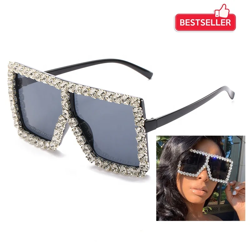 

Custom wholesale fashion brand designer oversized gafas de sol Women large square luxury Bling Diamond Rhinestones Sunglasses