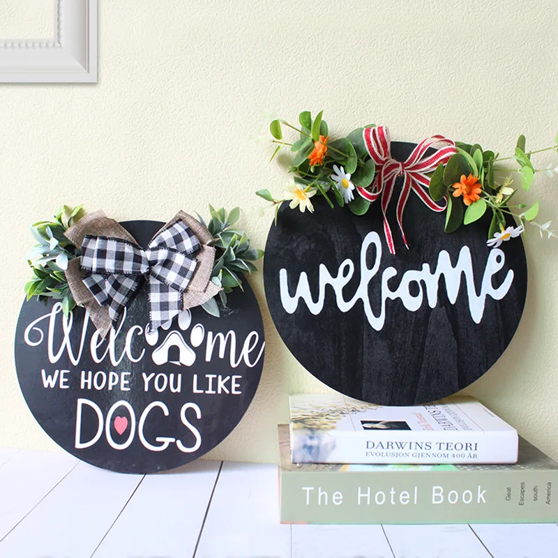 

Round Welcome Wreaths Front Door Welcome Sign For Farmhouse Flowers & Bows Vertical Hanging Sign Decoration For Home Front Porch, Black