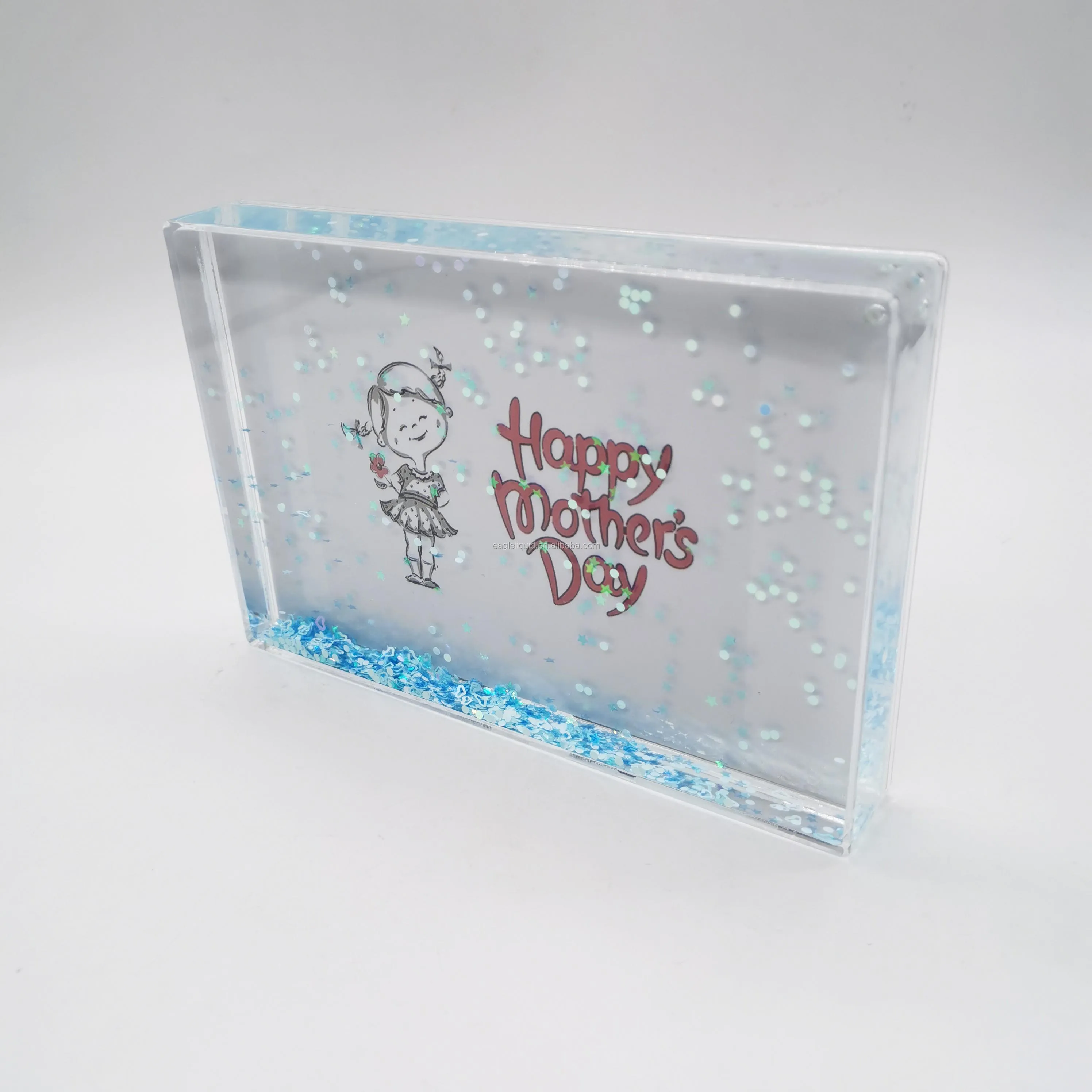 

PMMA 4x6 inch white snow block acrylic aqua sparkle glitter photo frame, Clear acrylic, colorful glitters