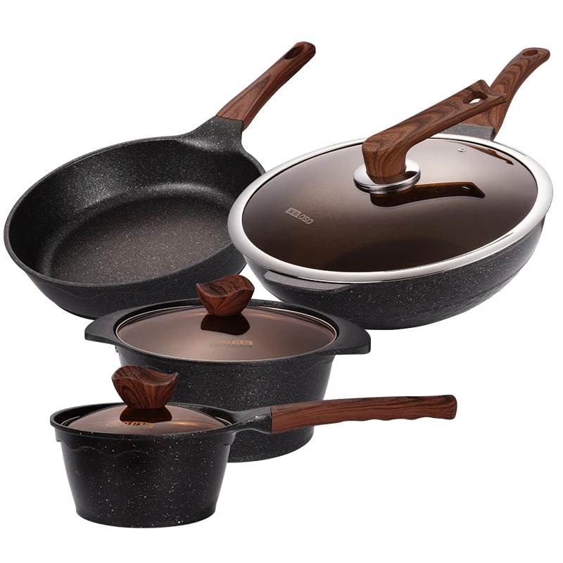 

Amazon Wood Handle Black Stainless Steel Induction Kitchen Forged Aluminum Cooking Pot Pan Camping 7 pcs Non Stick Cookware Set