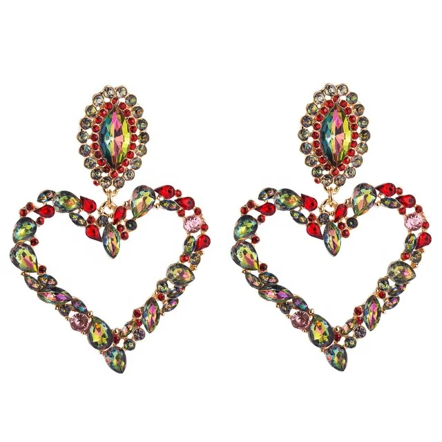 

China Vendor Handmade Wholesale Long Tassel Women White Colorful Big Heart Rhinestone Earrings