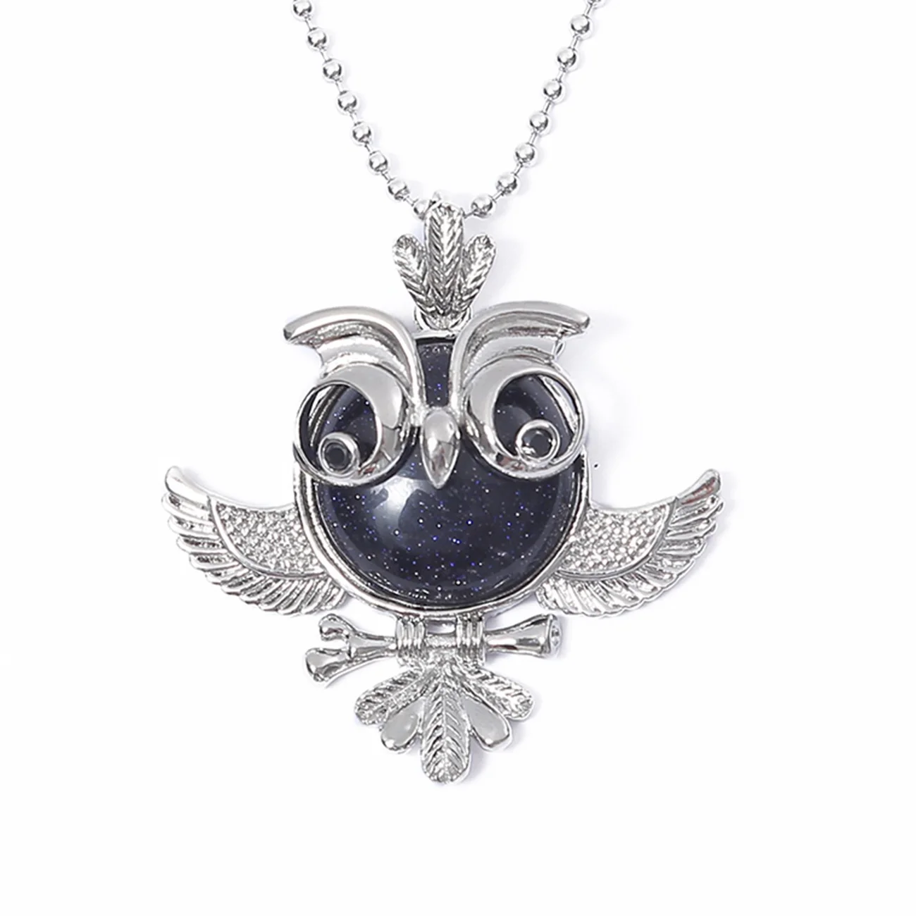 Women Natural Gemstone Owl Pendant Necklace Natural Crystal Stone Silver Animal Charms Jewelry