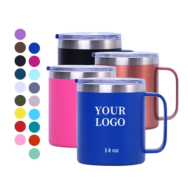 

Custom Logo 14oz Powder Coated Sublimation Stainless Steel Insulated Travel Metal Coffee Cup Tumbler Mugs with Handle and Lid