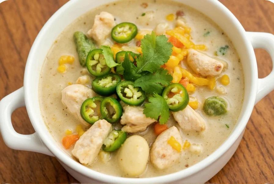 Colorful bowl of white chicken chili with green chilies and cilantro garnish