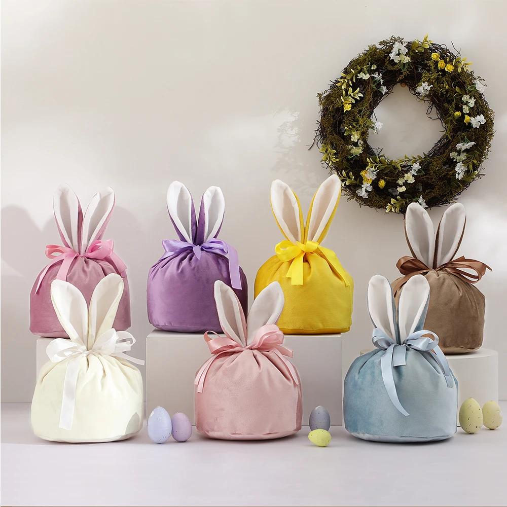 

Sublimation Easter Gift Bag Monogram Drawstring Pouch Easter Velvet Bunny Bag With Ears, As pics show