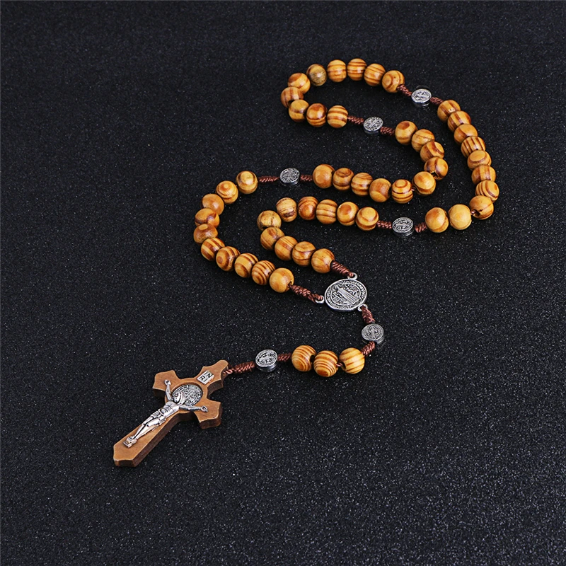 

KOMi Handmade Weave Round Saint Benedict Medal Antique Wooden Rosary Cross Necklace Vintage Catholic Religious Jesus Jewelry Mot