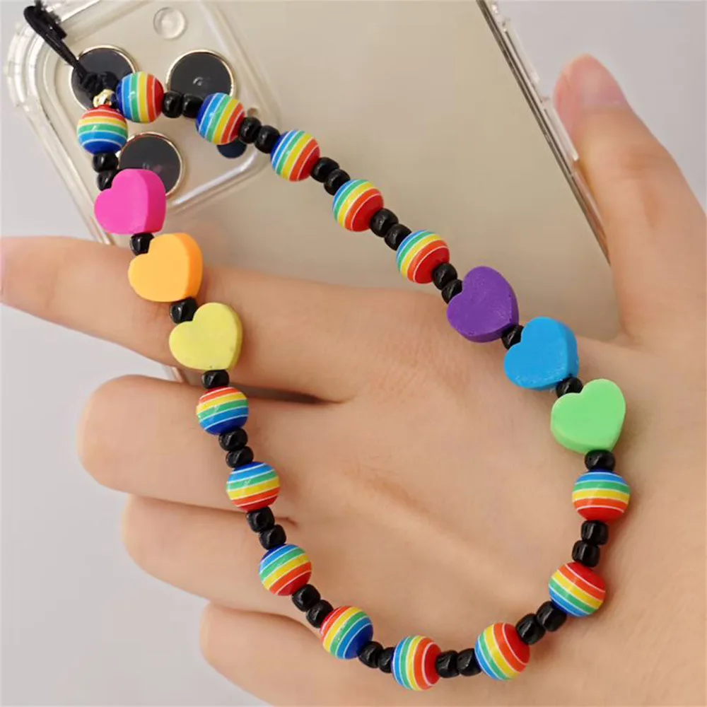 

JUHU mobile phone chain female colorful beads soft pottery yellow smiling face rice beads handmade anti-lost mobile phone chain