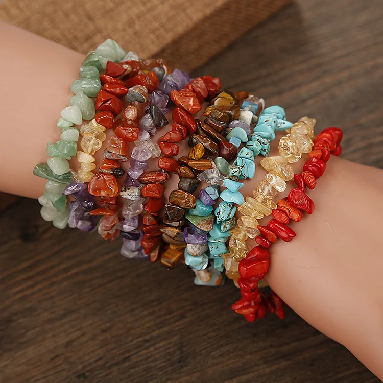 

Women Colorful Natural Crystal Chip Bracelets Healing Gravel Chipped 7 Chakra Stone Bracelet For Girls