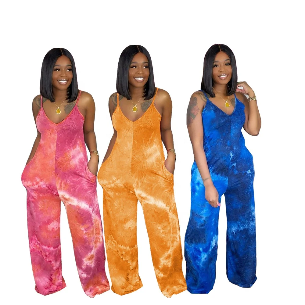 

Wholesale Tie Dye Jumpsuit Woman Sleeveless One Piece Casual Loose Rompers with Pockets