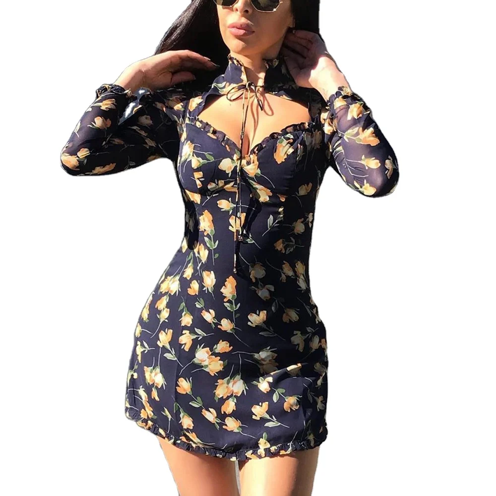 

Women Sexy Lace Up Turtleneck Print Floral Mini Fashion Autumn Dress