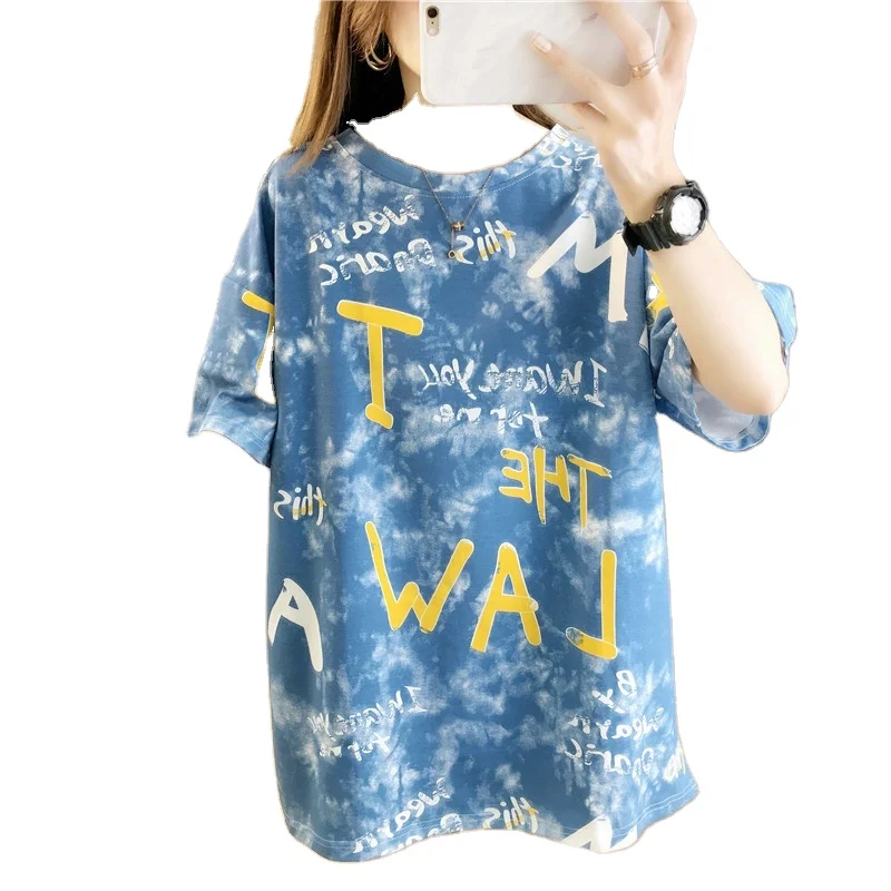 

2021 Summer Plus Size Fashion Loose Casual T-shirt Tie-dye Letter Print Short Sleeve High Street T-shirt