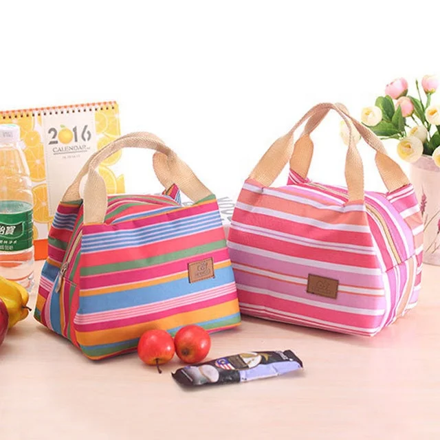 

Cute Oxford Cloth Insulation Bag Striped Large-Capacity Picnic Lunch Bag With Zipper Lunch Box Bag, Red,crimson,gray,pink