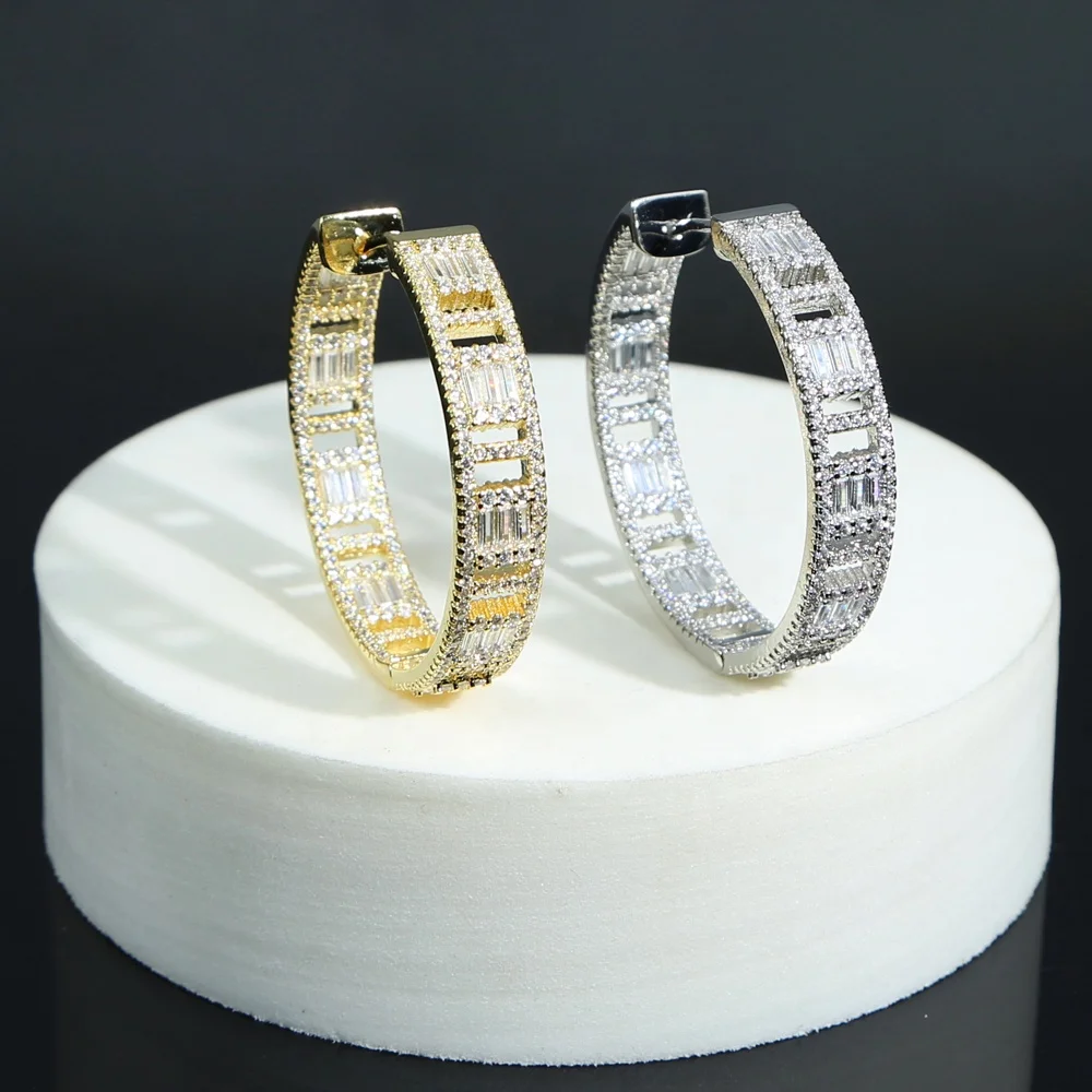 

2021 New Arrive Trendy Silver Color Gold Color Plated Women Jewelry Baguette Cubic Zircon Ice Out Bling CZ 45MM Big Hoop Earring