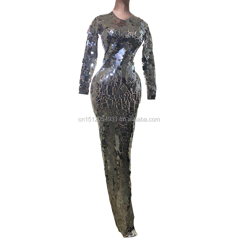 

Luxury Sequin Design Bright Full Mirrors Long Dress Women Evening Birthday Dresses Singer Costume Prom Celebrate Bling Dresses