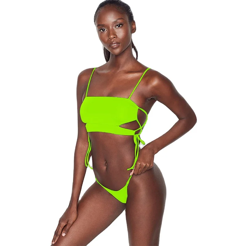 

2021 New Ladies Sexy Split Solid Color Plus Size Fluorescent Green Bikinis & Beachwear, Customized color