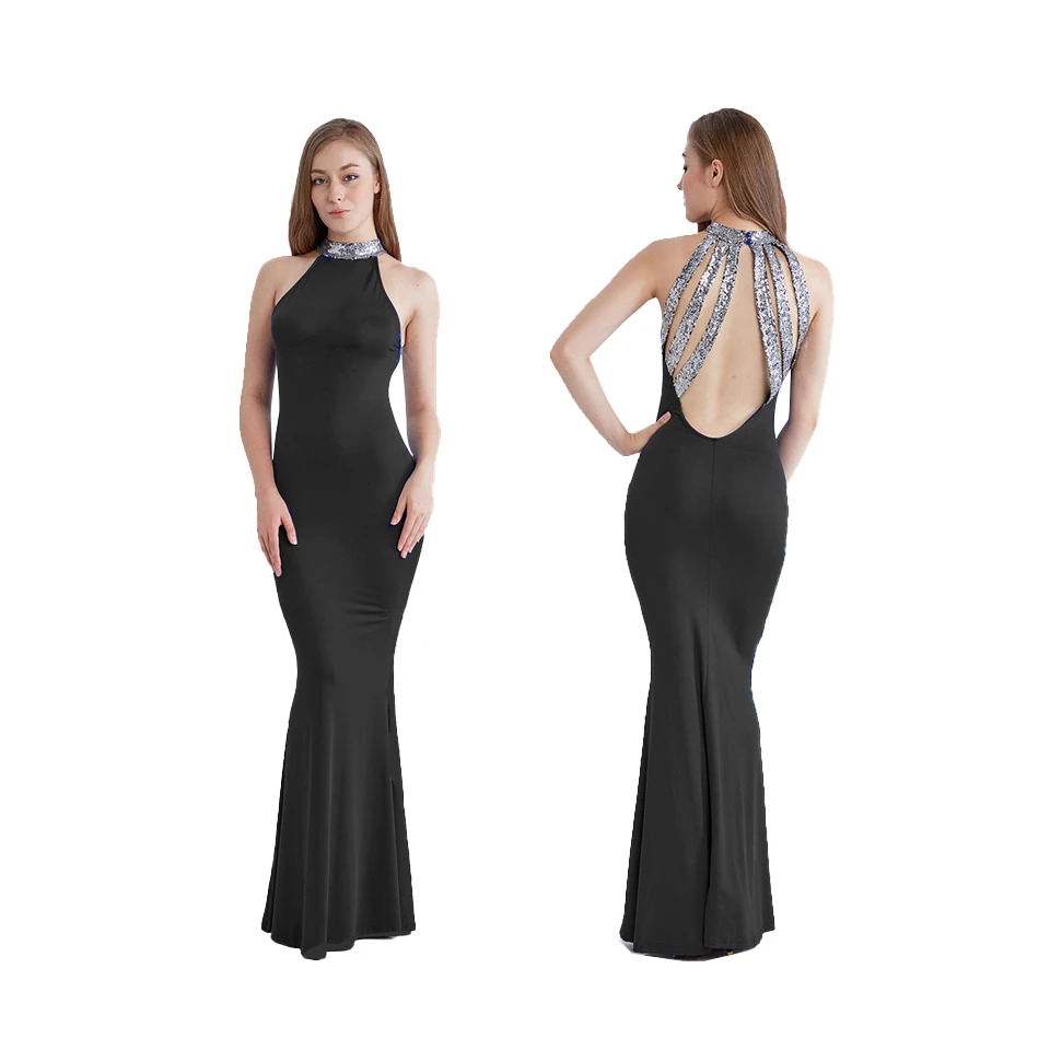 

New Style Sequined Halter Sexy Elegant Sleeveless Long Dresses With Backless Women Maxi Floor Length Evening Party Dresses, Picture color