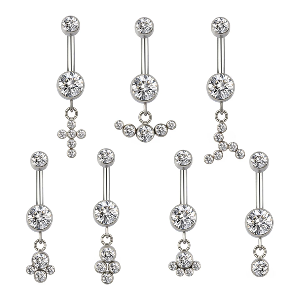 

ASTM F136 Titanium Internally Threaded Bezel Set CZ with CZ Hang Belly Button Rings Navel Rings Hot Piercing Jewelry Hoop Zircon