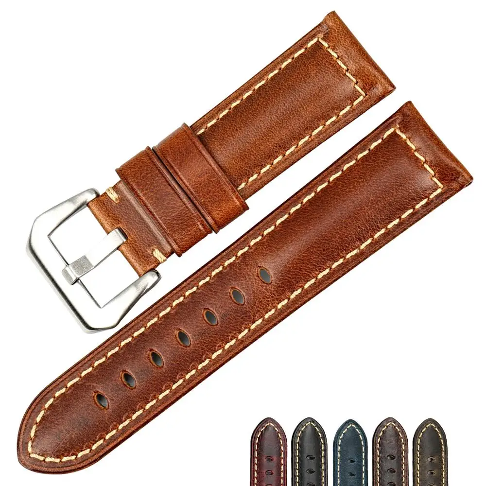 

MAIKES Charm Watch Bands Oil Wax Leather Watch Strap 22mm 24mm 26mm with Stainless Steel Buckle Smart Watchband Watch Belt, Black, red, green, blue,dark brown, light brown