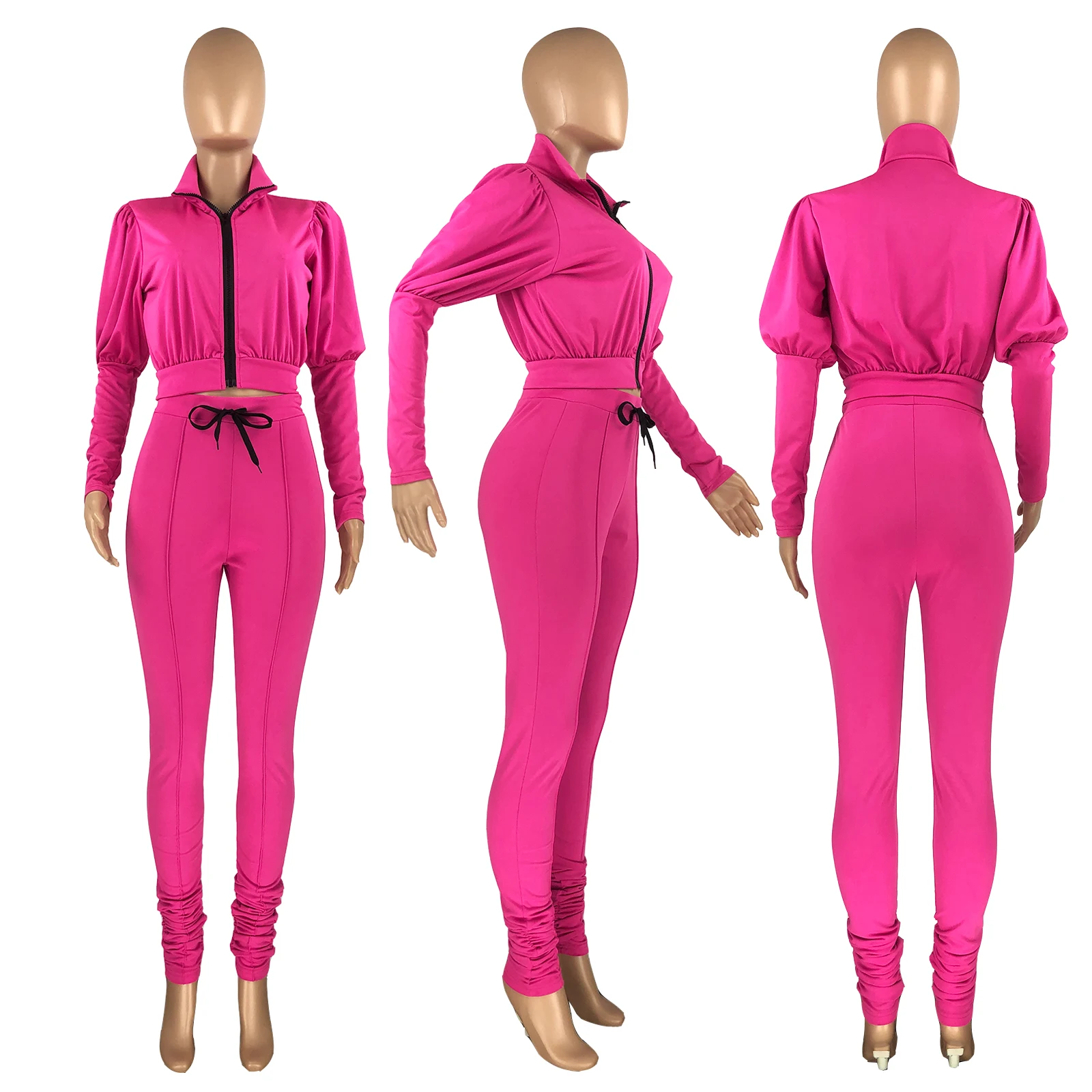 Two Piece Set Puff Sleeve Women Casual Zipper Tracksuit Stacked Joggers ...