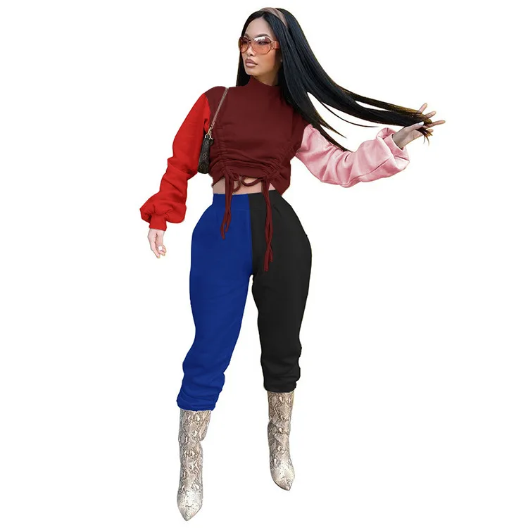 

2020 New arrivals autumn collection women sexy long sleeve Contrast top and pants ladies casual two piece set