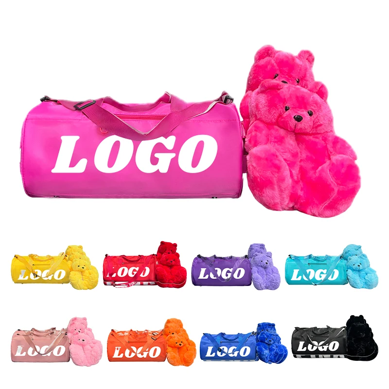 

2022 Plush Slippers Pink Bag Duffle Travel Set Spend The Night Weekender Gym Overnight Duffle Bag And Teddy Bear Slipper, As pictures