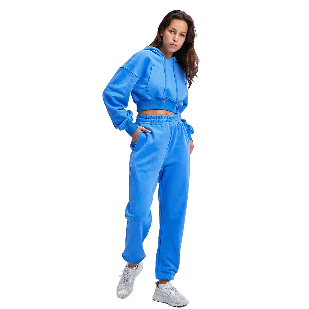 

OEM Contrasting Seam Details Fleece Fabric Crop Hoodies Custom Jogger 2 Pieces Tracksuit Cotton Sweat Suit Women, As shown