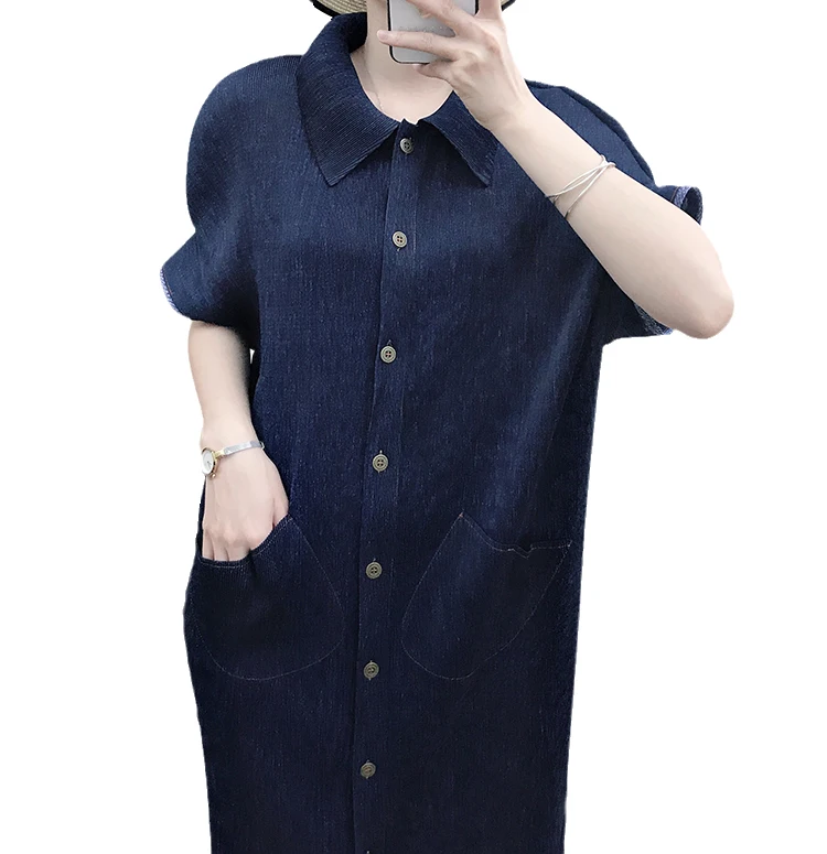 

Fashionable casual stretch loose plus size dark cowboy blue dress for women wholesale custom