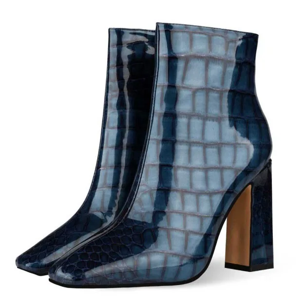 

Snakeskin Plaid Pattern PU Upper Women Boots Chunky Square High Heel Square Toe Ladies Pumps Shoes Side Zipper Ankle Boots, Blue,yellow,red,black,grey,beige