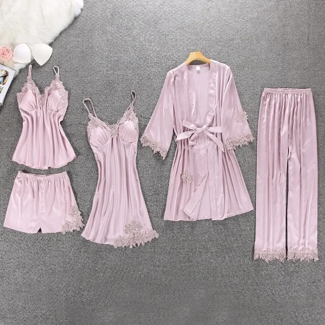 
Ladies Homewear 5-piece Sets Satin Nightgown Sleepwear Silk Pajamas Women 