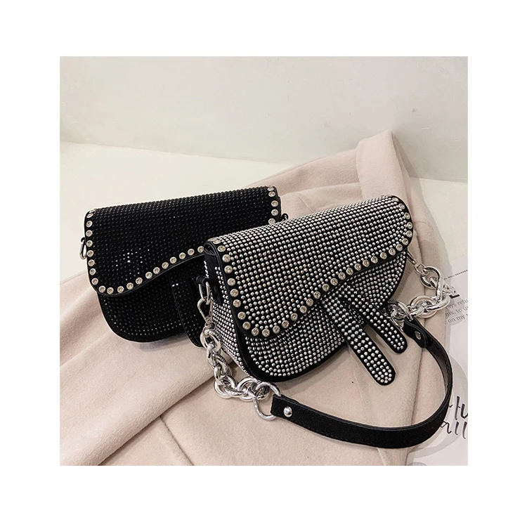 

Fashion Diamonds Saddle Bag For Women Luxury Rhinestone Evening Party Clutch European Chain Underarm Bag Lady Small Handbag Sac