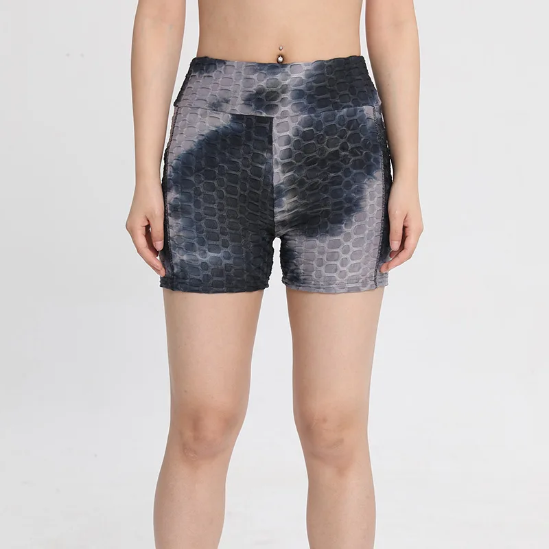 

Hot Sell Women Tie Dye Bubble Fabric Tight Highwaist Yoga Shorts, 6 colors
