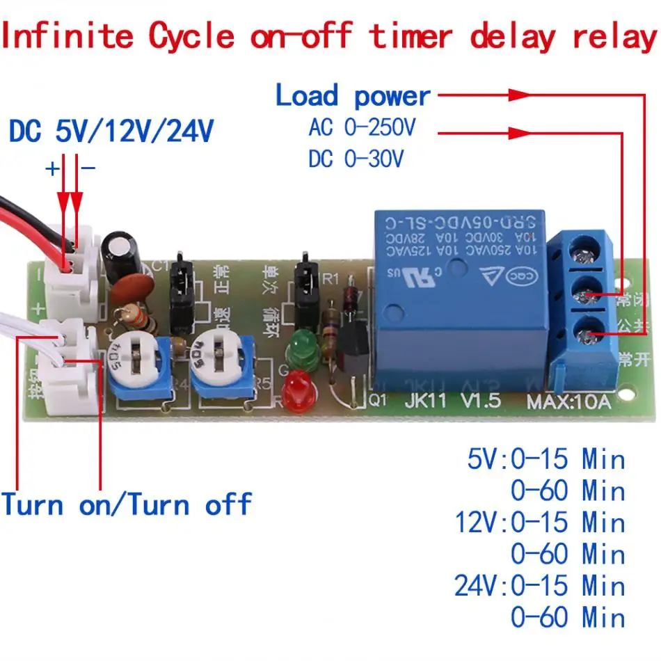 Jk11 Adjustable Cycle Timer Delay On/off Switch Power Supply Relay Module Dc 5v 12v 24v Timer