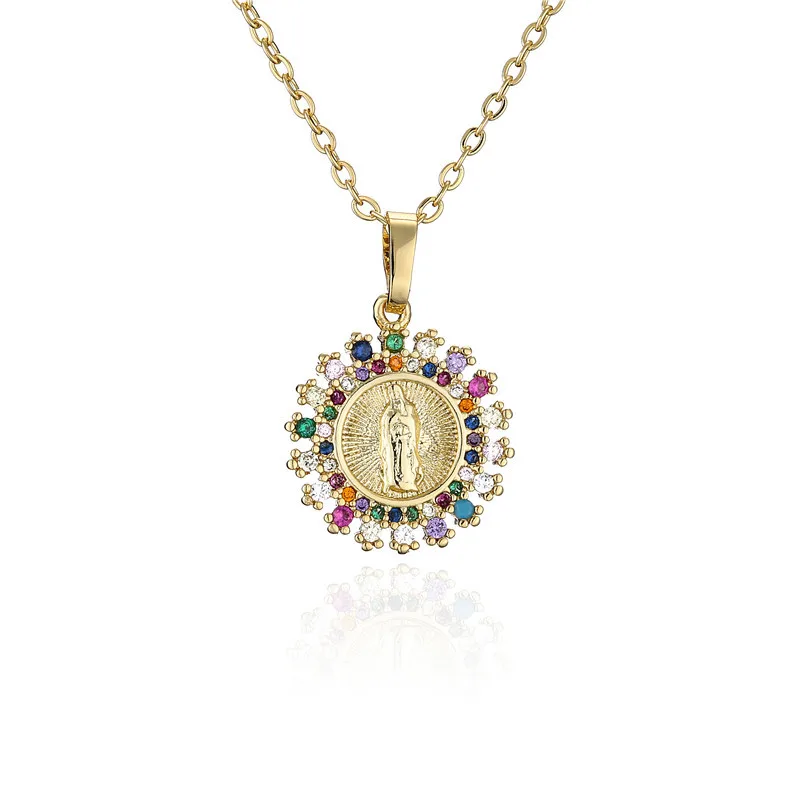 

Lotus New arrival multicolor Cubic zirconia pave virgin mary pendant necklace, Gold