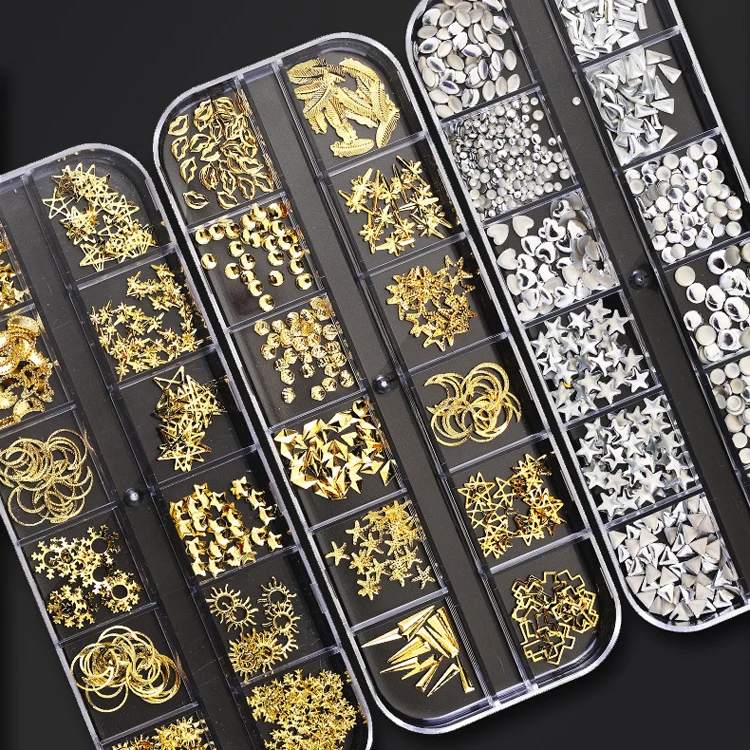 

retangle Case various Nail Adornment Japan 3d Hollow Nail Art Gold Metal Tips Decoration, Customized multi colors
