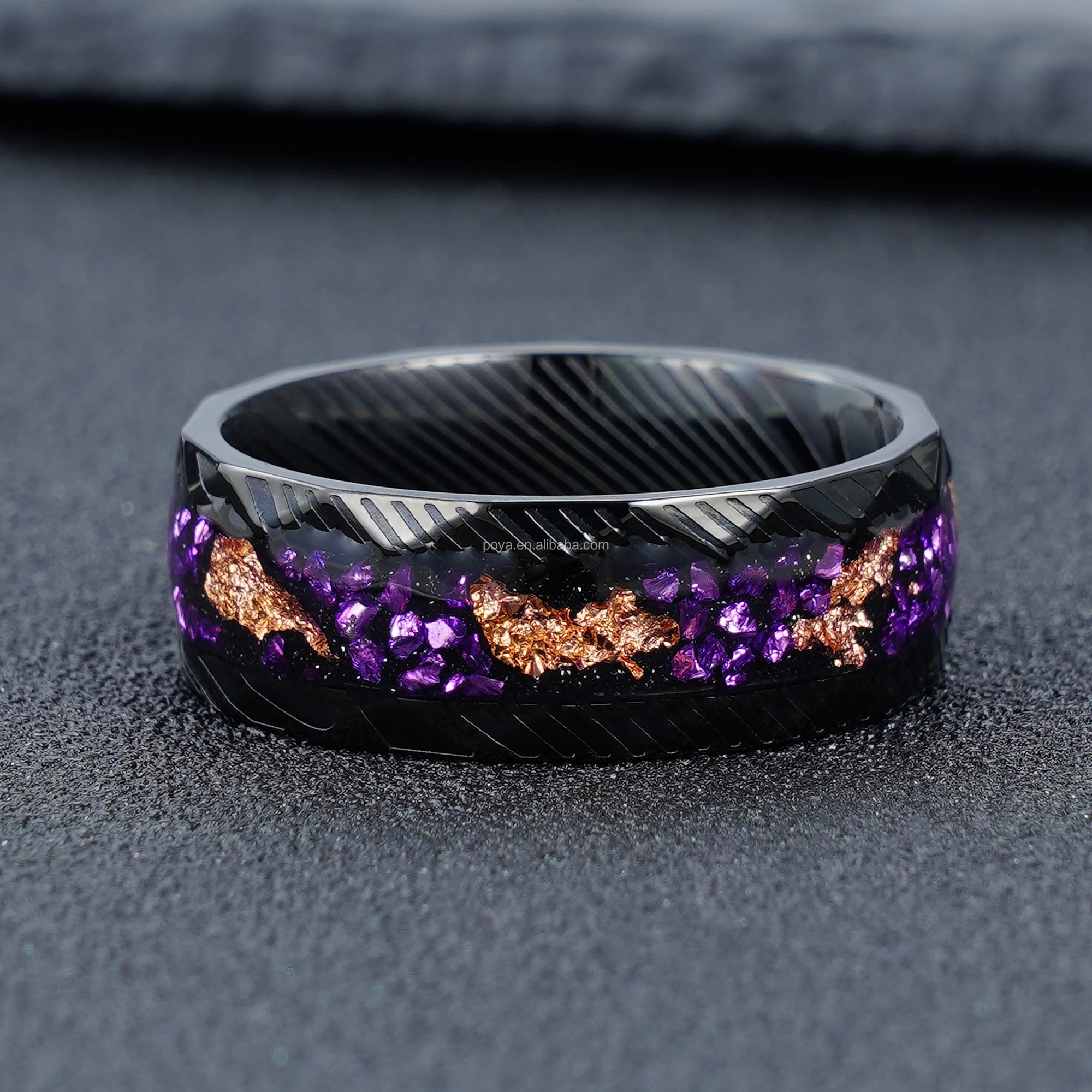 POYA Vintage Style 8mm Purple Gravel Gold Foil Inlay Black Steel Ring Rose Gold Oval Cut Stainless Steel Fashion Jewelry Ring