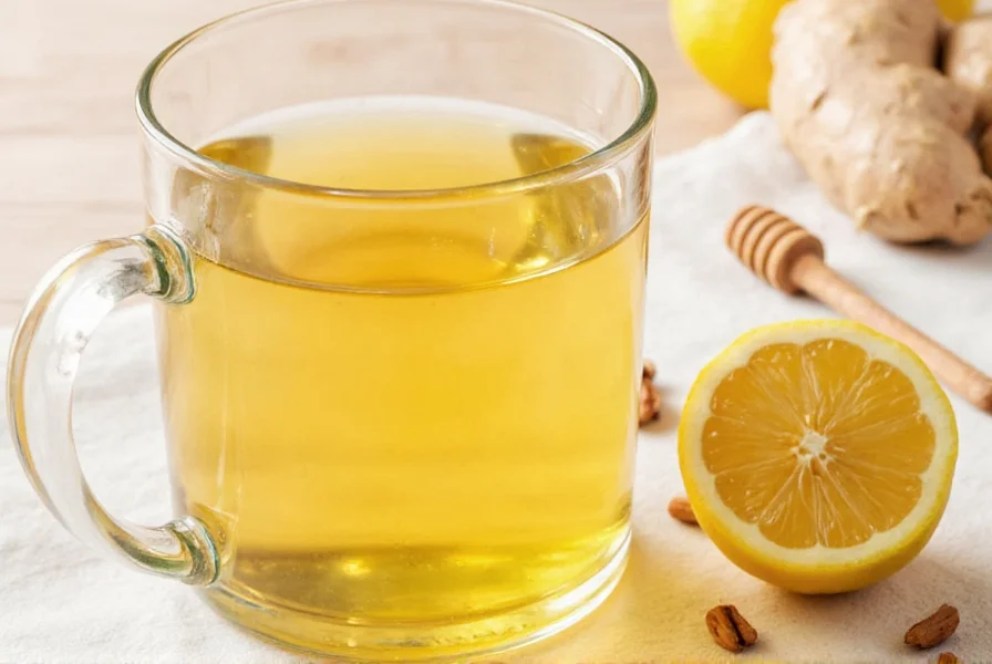 Fresh ginger root slices steeping in clear glass teapot with lemon slices and honey drizzle