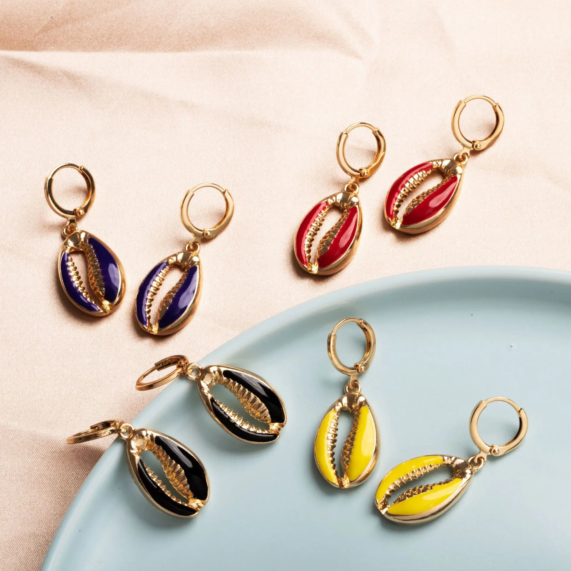 

Gold Plated Huggies Earrings Unique Cowrie Shell Hoop Earrings Summer Enamel Earring For Women