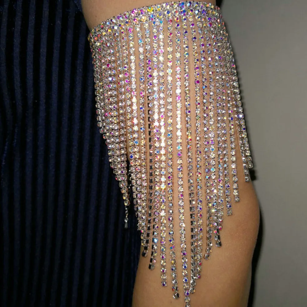 

Luxury Colorful Rhinetone Long Tassel Arm Chain Armband Hand Jewelry for Women Nightclub Bling Crystal Wedding Bracelet Bangles