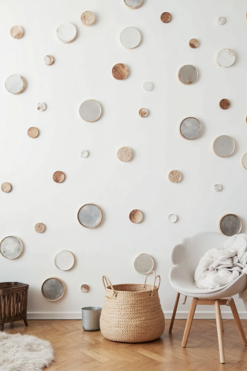Stylish round mirrors with unique frames in a hallway