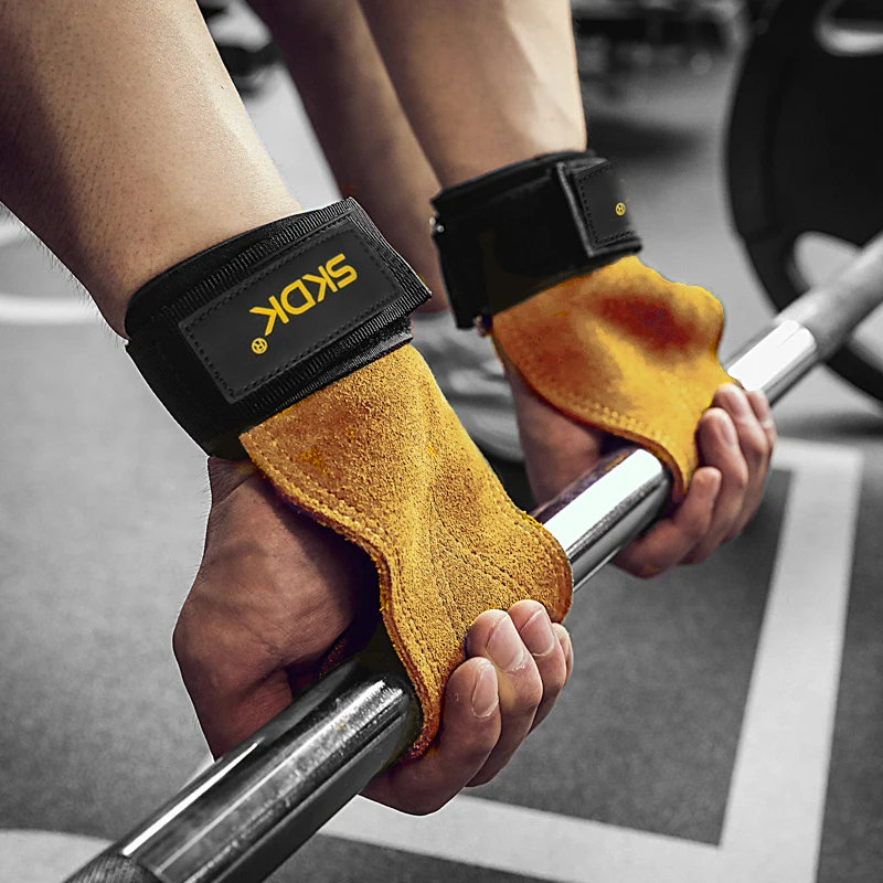 

Cowhide Gymnastic Grips Adjustable Wrist Support for Powerlifting Palm Protectors Pads Weight Lifting Hand Grips, Yellow, brown,