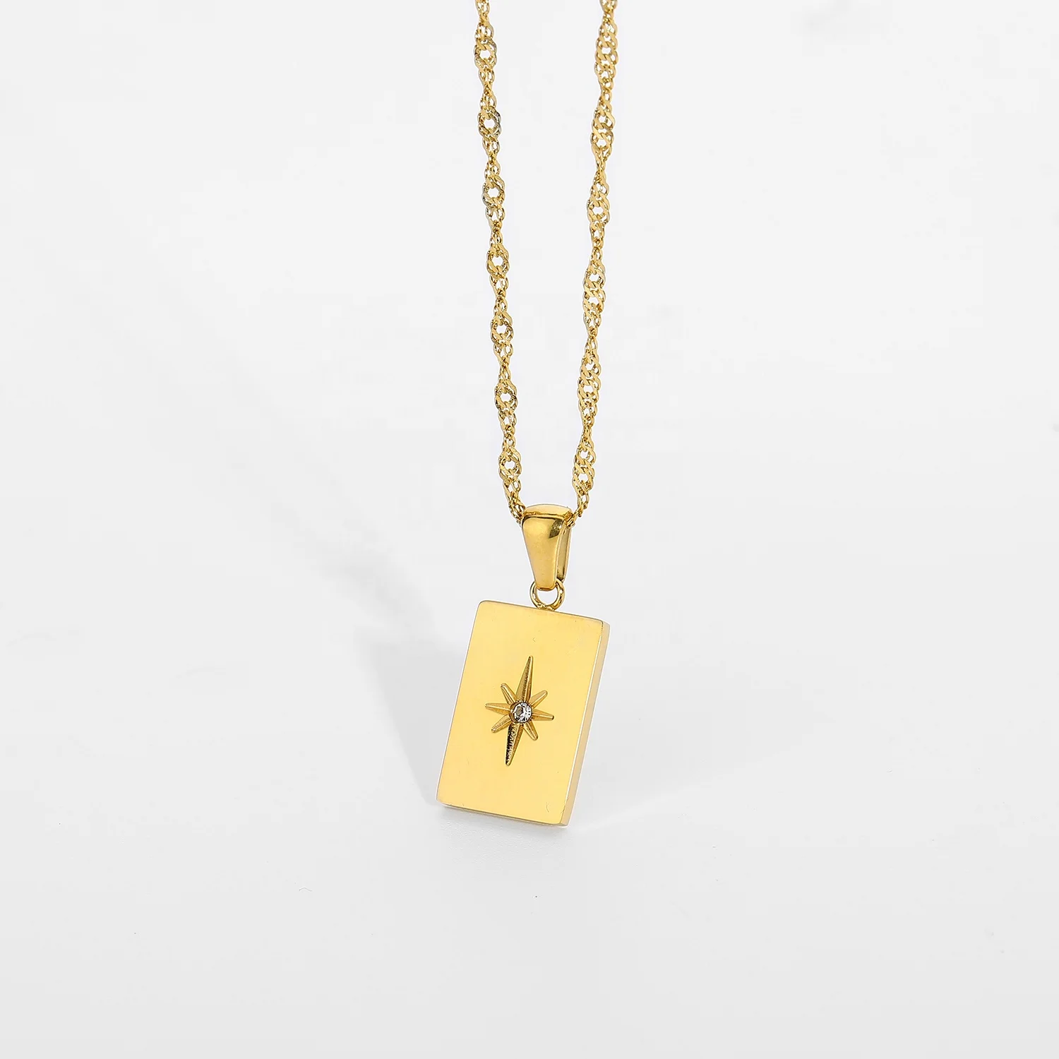 

Zircon Star Power Necklace 18K gold plated stainless steel Rectangular Sunlight Pendant Necklace