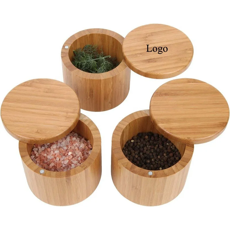 

Best gadgets Magnet Swivel Lid Natural Wooden Custom Logo Round Spices Storage Container bamboo pepper storage box
